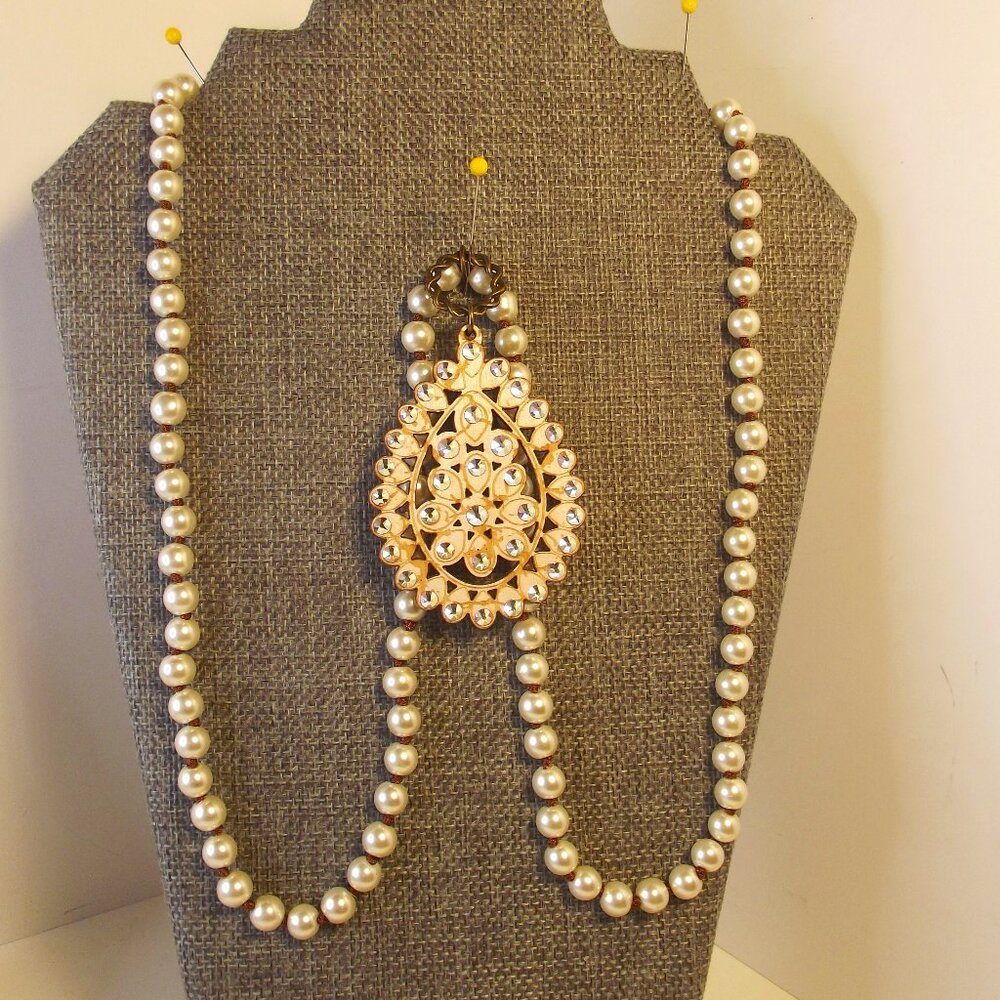 Pink Panache Pendant Necklace Faux Pearl Iridescent Crystals